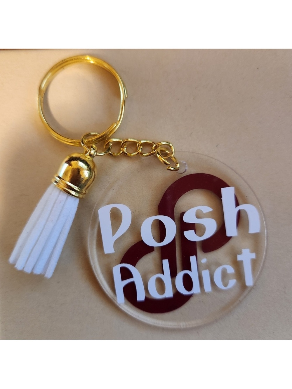 Posh Addict Acrylic Keychain with Tassel - White & Burgundy